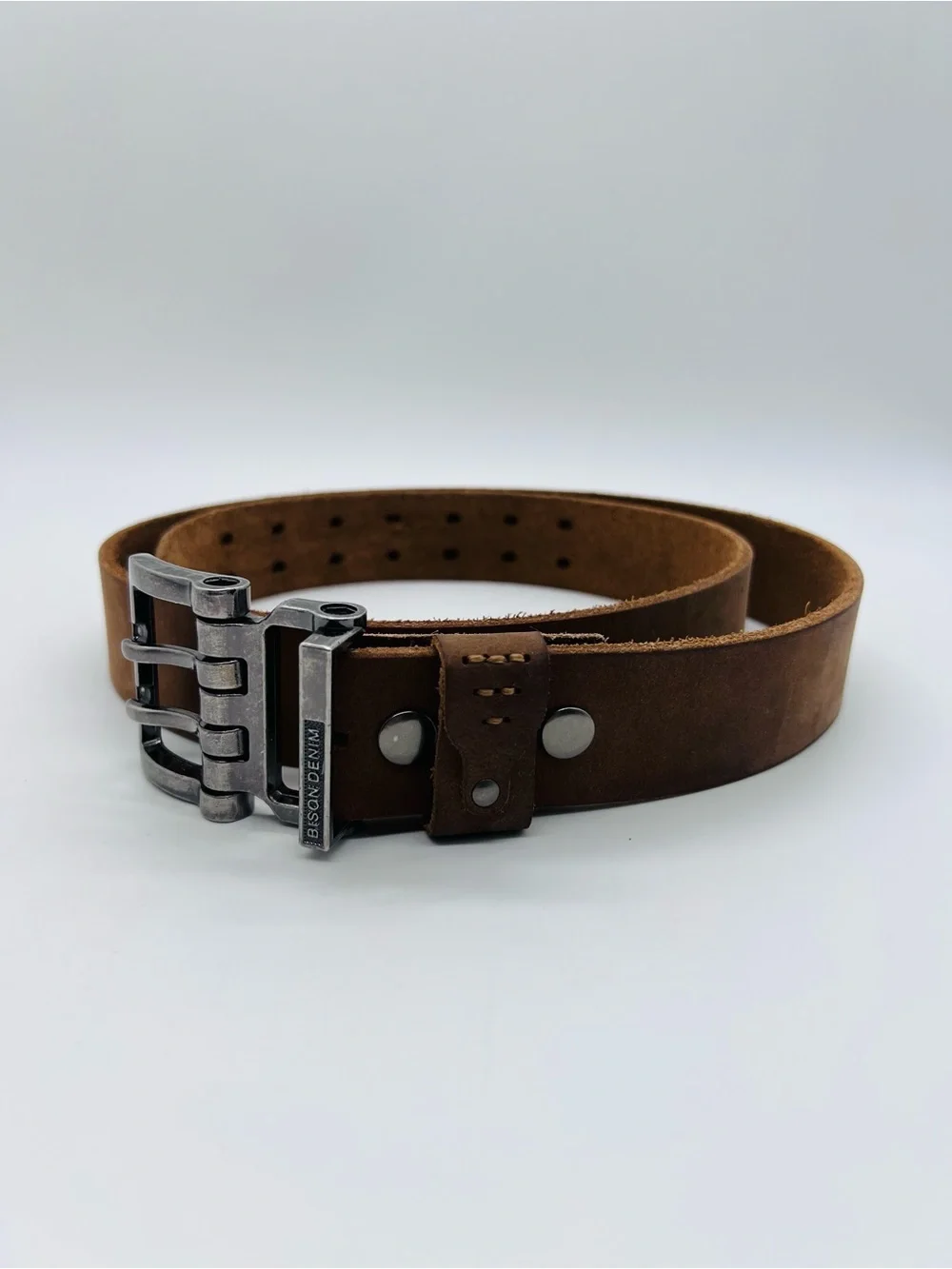 Bison Denim Men’s Brown Leather Belt with Brushed Metal Buckle